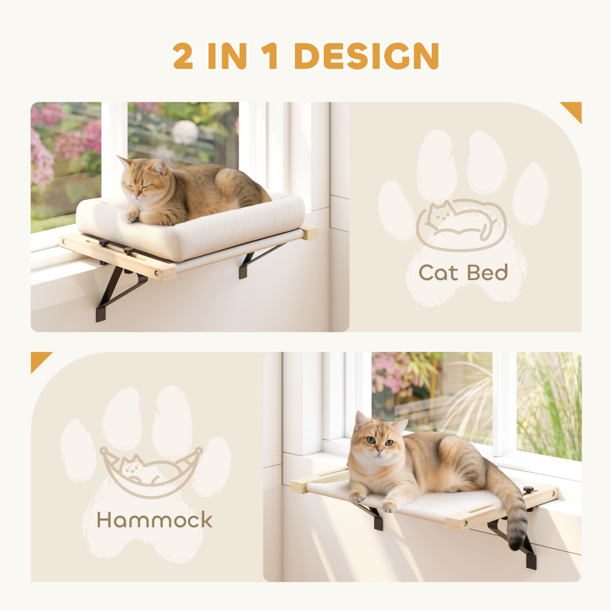 PawHut Cat Radiator Bed with Adjustable Bracket, Hanging Hammock & Cushion – Pine Wood Window Perch, Cream