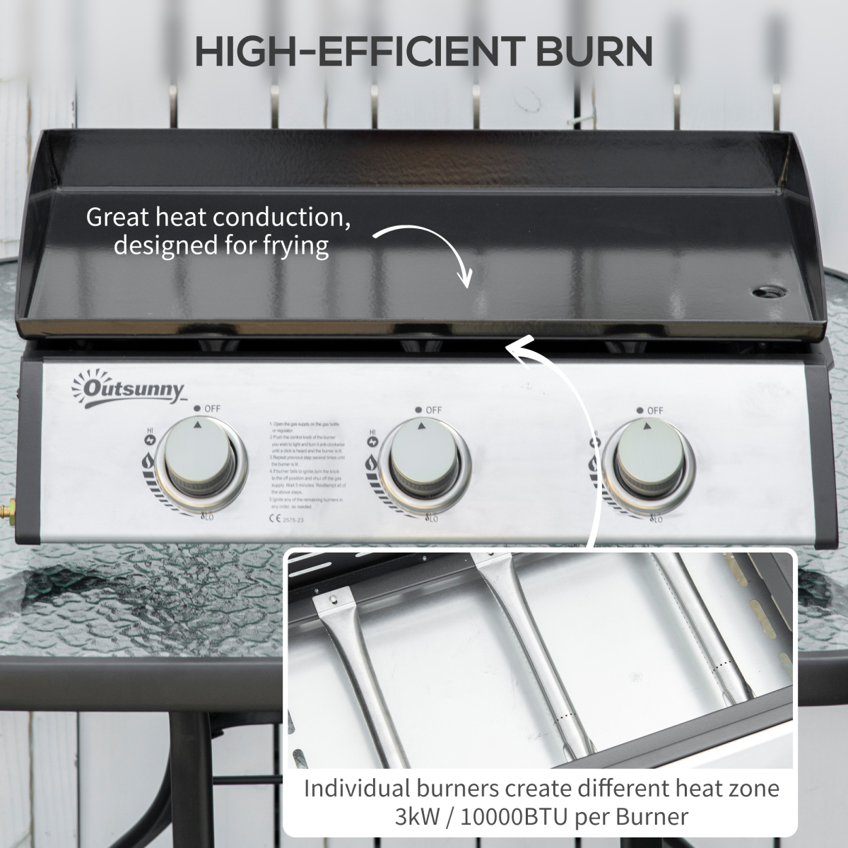 Outsunny Portable Gas Plancha BBQ Grill with 3 Stainless Steel Burners, 9kW – Non-Stick Hotplate