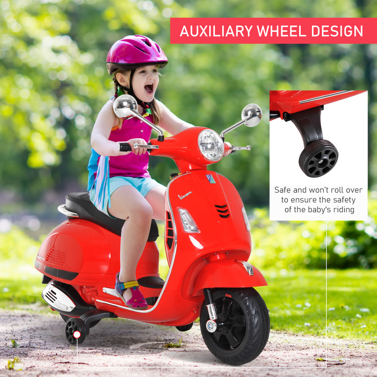 HOMCOM Kids Ride-On Vespa Motorcycle, 6V Battery with Music & LED Lights – Licensed, Ages 3–6
