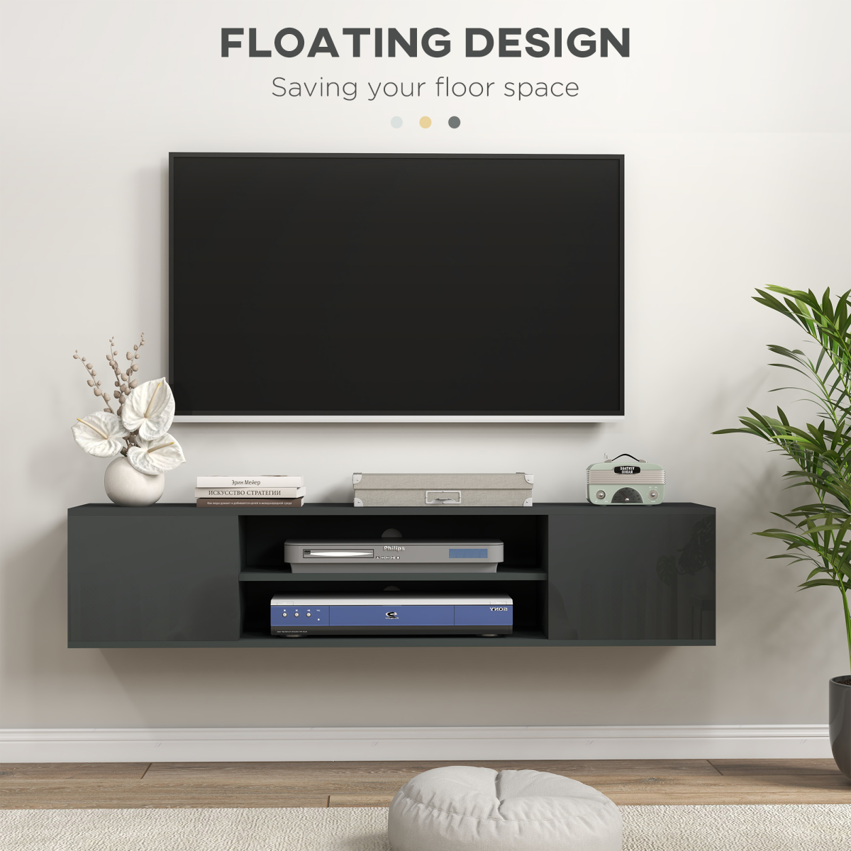 HOMCOM Wall-Mounted Floating TV Unit with Shelves & Cupboards for TVs up to 60", Grey High Gloss