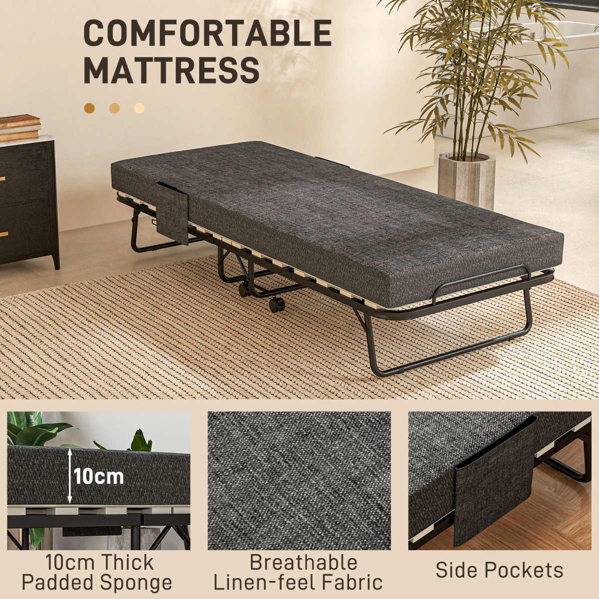 HOMCOM Folding Guest Bed with Mattress, Wheels & Dust Cover – Compact Spare Bed, Dark Grey