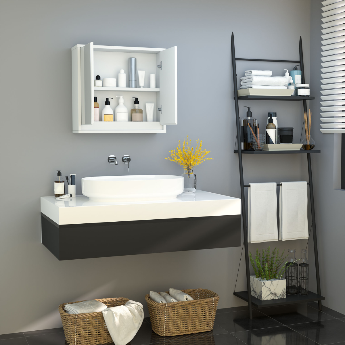 HOMCOM Wall Mounted Bathroom Mirror Cabinet with Storage Shelf – Space-Saving, White