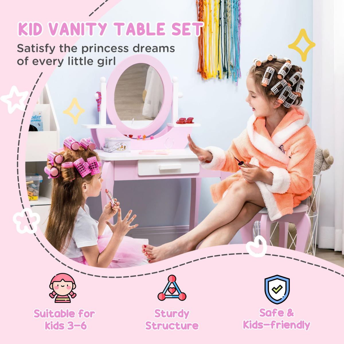 ZONEKIZ Kids Dressing Table with Mirror, Stool & Storage Drawer – Pink Vanity Set for Ages 3-6