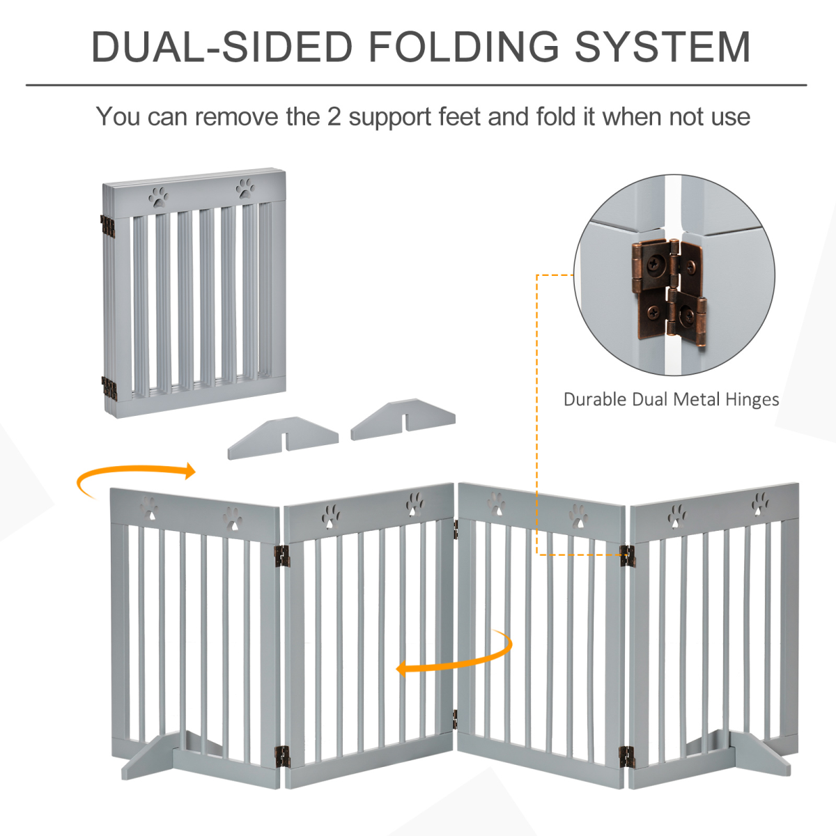 PawHut Freestanding Pet Gate with 4 Folding Panels & Support Feet – Wooden Dog Barrier for Doors and Stairs