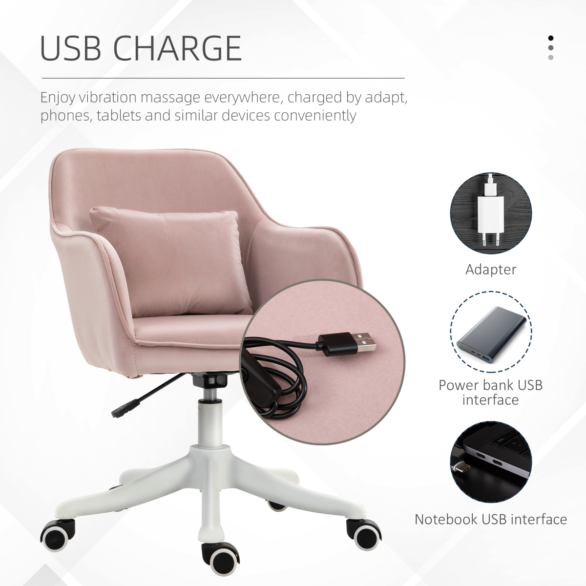 Vinsetto Velvet-Feel Office Chair with Rechargeable Massage Lumbar Pillow – Tub Back Swivel Desk Chair