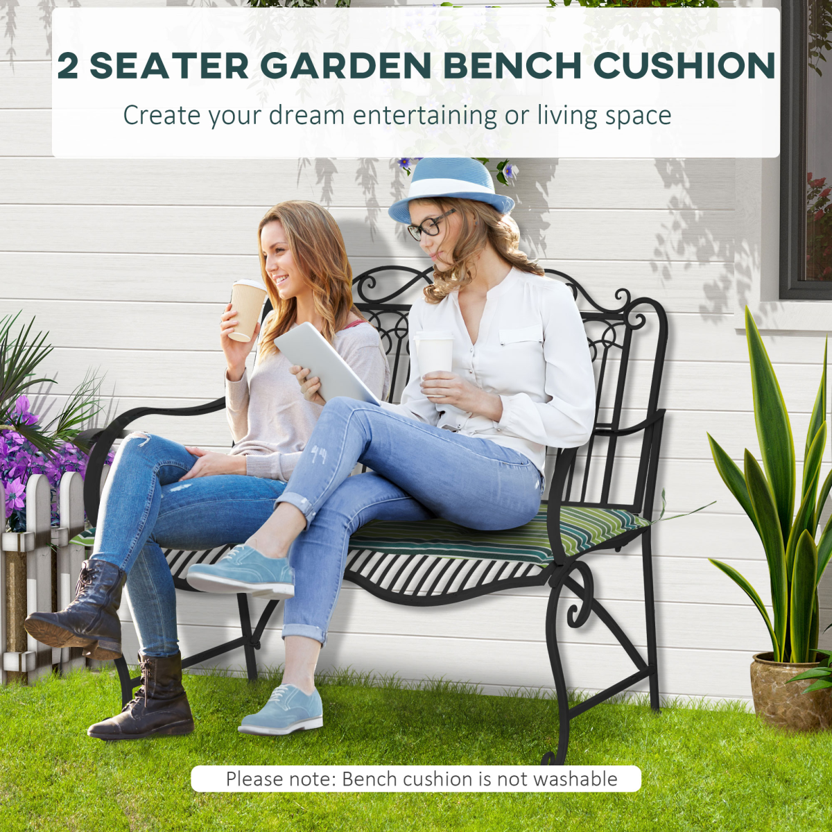 2 Piece Striped Patio Bench Swing Chair Cushion Set, 120 x 50cm – Double Seat Garden Cushions, Green