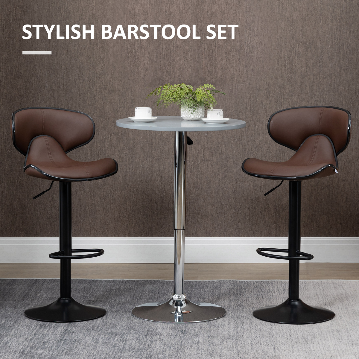 HOMCOM Set of 2 Swivel Bar Stools with Backrest & Footrest – Gas Lift, Faux Leather, Brown