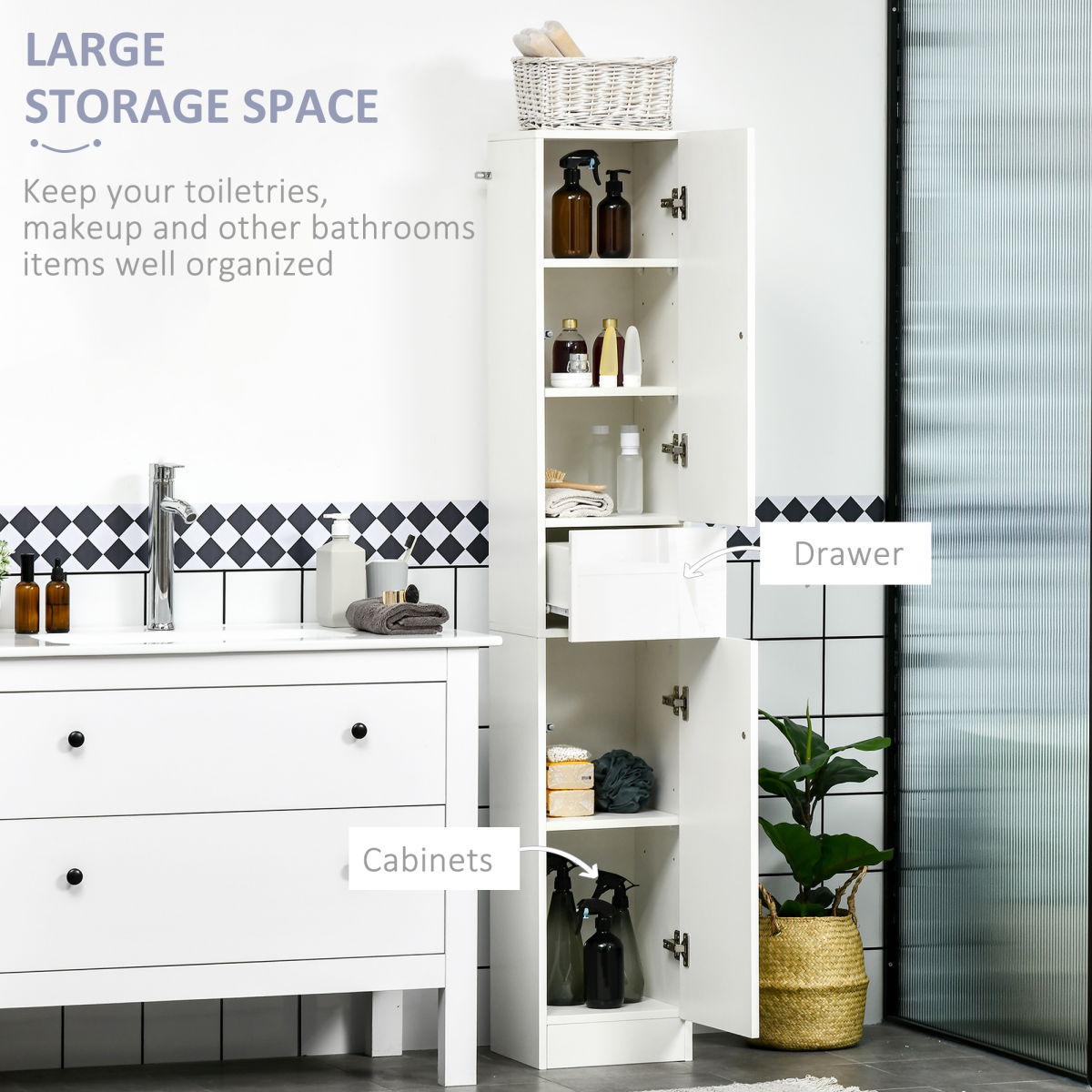 Kleankin High Gloss Tall Bathroom Cabinet with Push-Open Doors & Adjustable Shelves – Slimline Storage, White