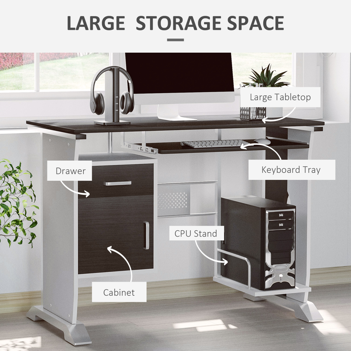HOMCOM Computer Desk with Sliding Keyboard Tray, Storage Drawers & CPU Stand – Home Office, Walnut