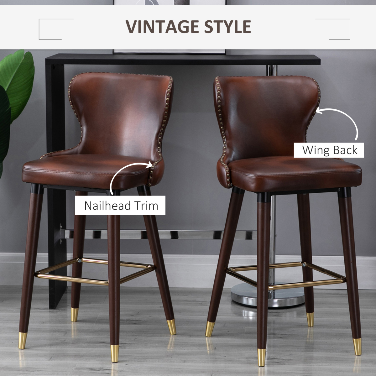 HOMCOM Luxury European Style PU Leather Bar Stools, Set of 2 with Padded Seat & Footrest – Brown