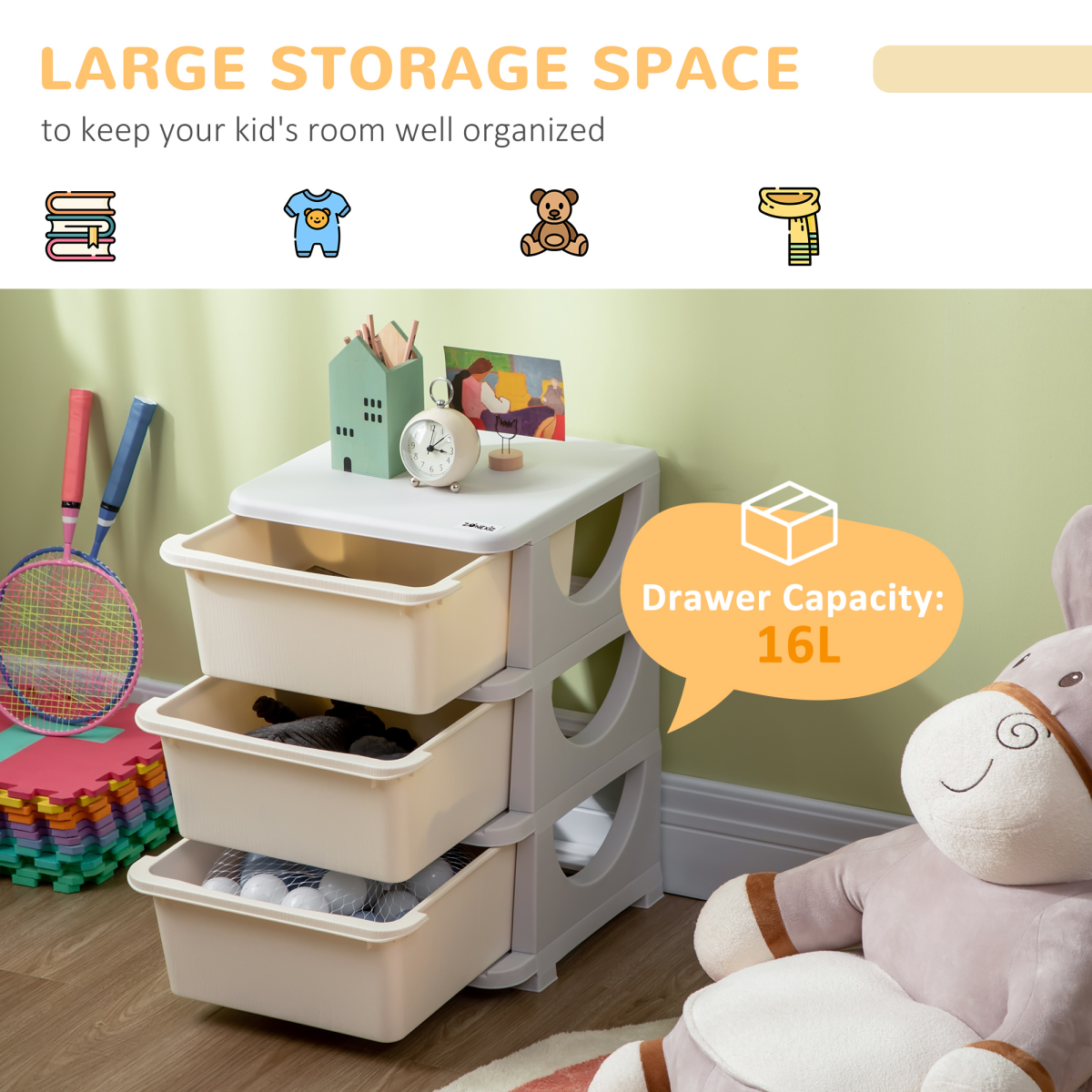 HOMCOM Kids Storage Unit with 3 Drawers – Vertical Dresser Tower for Bedroom and Playroom