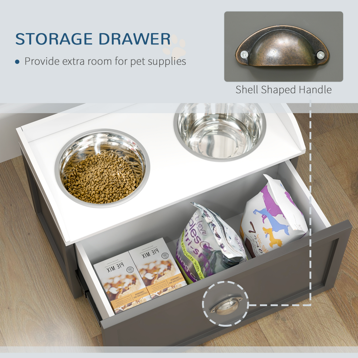 Elevated Dog Feeder with Storage Drawer & 2 Stainless Steel Bowls – Raised Dog Bowl Stand for Large Dogs, Grey