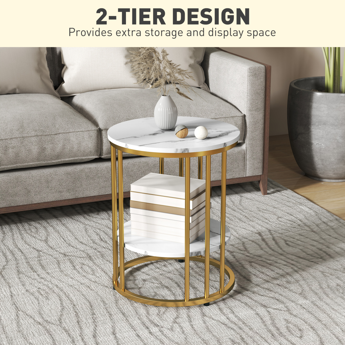 HOMCOM Set of 2 Marble-Effect Two-Tier Tables with Gold Tone Steel Legs – Coffee & Side Tables, White