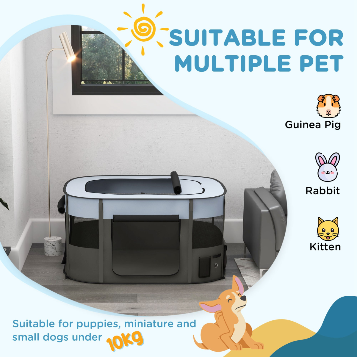 PawHut Portable Foldable Pet Playpen with Mesh Windows & Storage Bag – Dog, Rabbit & Kitten Run, Grey, 114cm