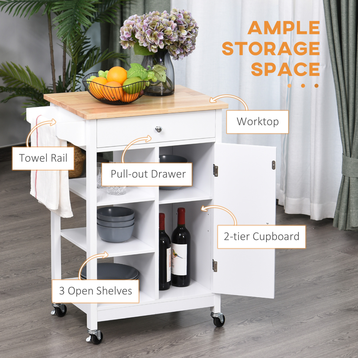 HOMCOM Kitchen Storage Trolley on Wheels with Drawer, Cabinet & Shelves – Kitchen Storage Cart, White