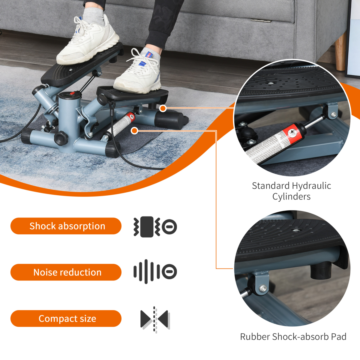 HOMCOM Mini Stepper with Resistance Ropes, LCD Display and Adjustable Tension – Black and Silver Grey