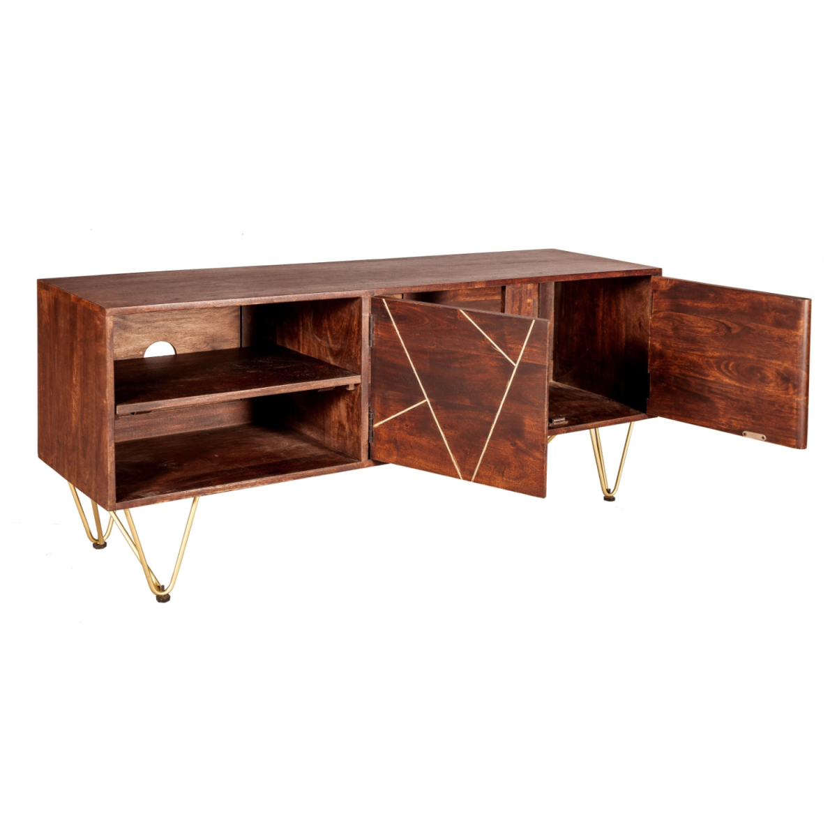 Dark Gold Plasma Media TV Unit in Solid Wood with Abstract Metal Inlay – Storage for Large Flat-Screen TVs