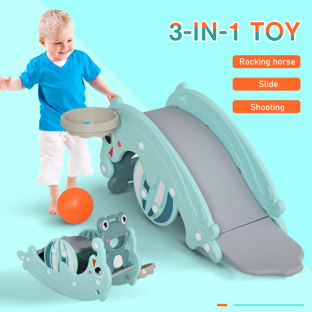 Kids 3-in-1 Rocking Horse, Slide & Basketball Hoop in HDPE with Handrail – Indoor & Outdoor Toddler Toy, Green