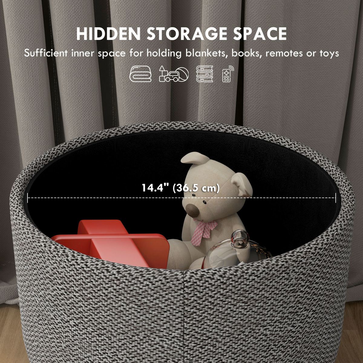 HOMCOM Round Storage Ottoman with Cushioned Top & Hidden Space – Footstool, Light Grey