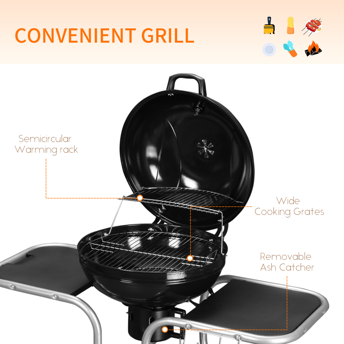 Outsunny Garden Charcoal Barbecue Trolley Grill with Wheels, Side Trays & Storage Rack – Black