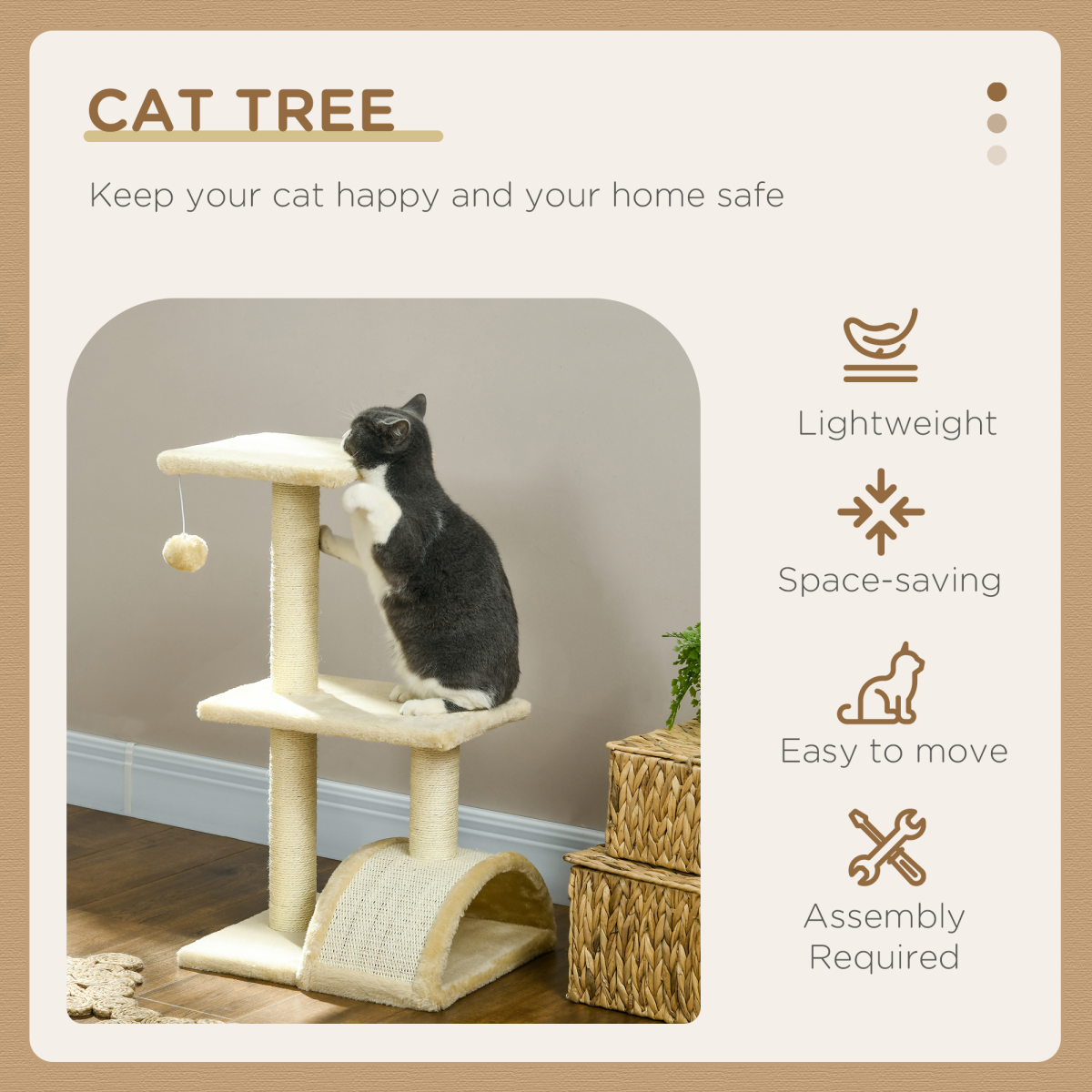 PawHut 72cm Cat Tree Climbing Tower with Sisal Scratching Post and Arc Scratching Pad, Cream White
