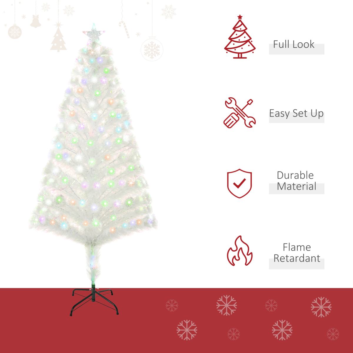 HOMCOM 5ft Pre-Lit Fibre Optic Artificial Christmas Tree with Multi-Coloured LEDs – Festive Decoration, White