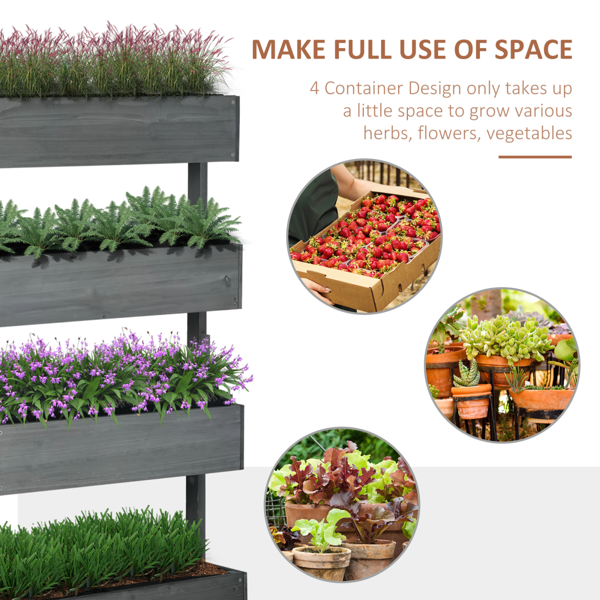 Outsunny Four-Tier Wooden Raised Garden Bed Plant Stand with Fabric Liners – Flower Display, Grey