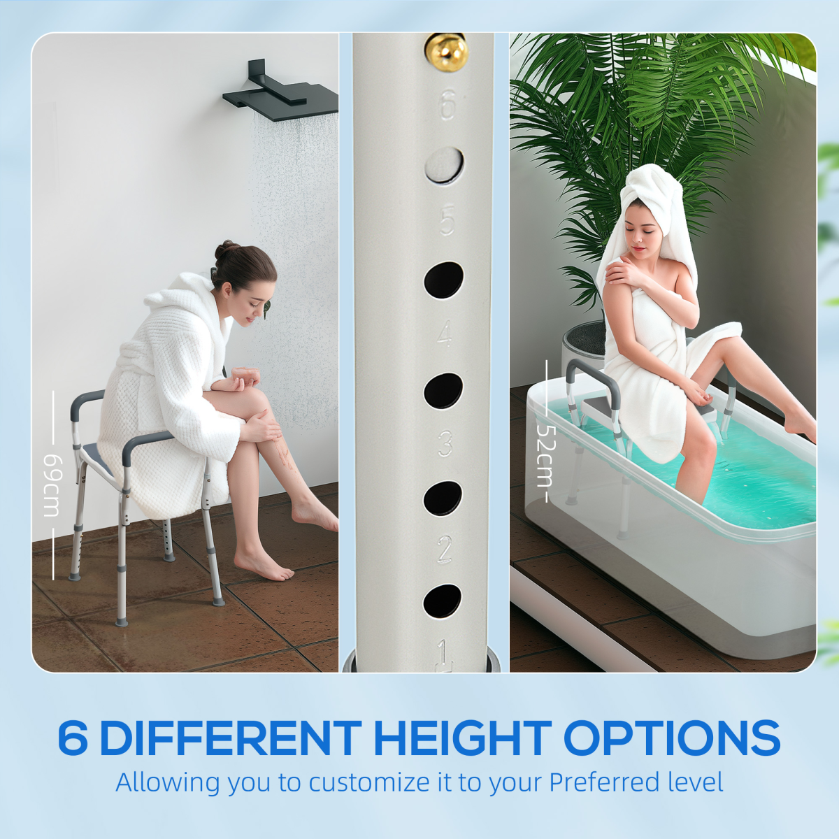 HOMCOM Rust-Free Aluminium Bath Chair with 6-Level Adjustable Height and Anti-Slip Mats – Bathing Seat, Grey