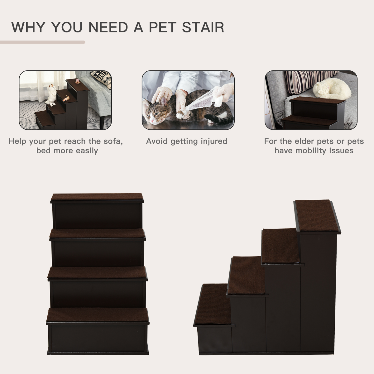 Four-Step Pet Stairs with Plush Cushioned Steps – Pet Steps for Beds & Sofas, Elderly or Mobility-Limited Pets, Brown