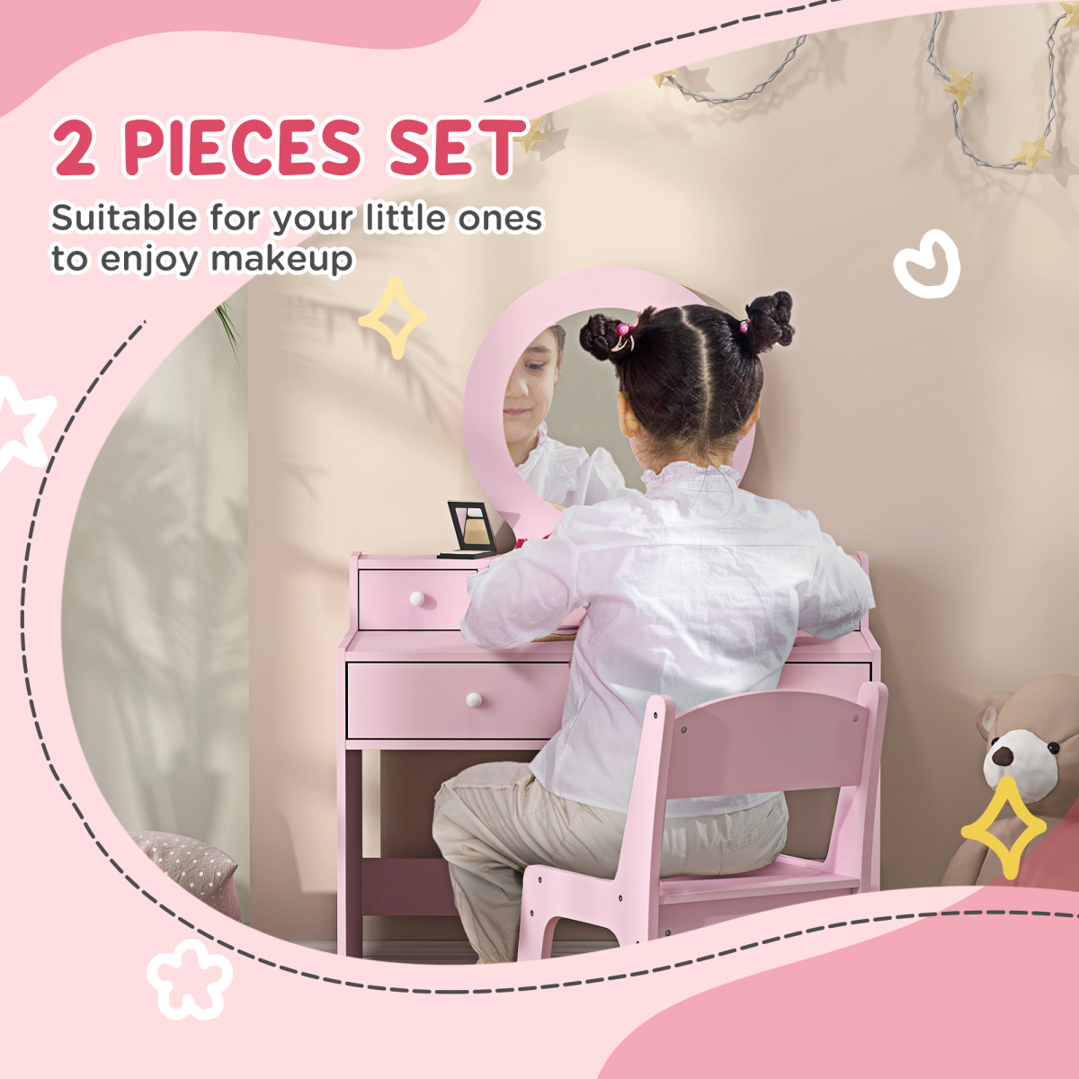 AIYAPLAY Kids Dressing Table Set with Stool, Oval Mirror and Four Drawers – Pink