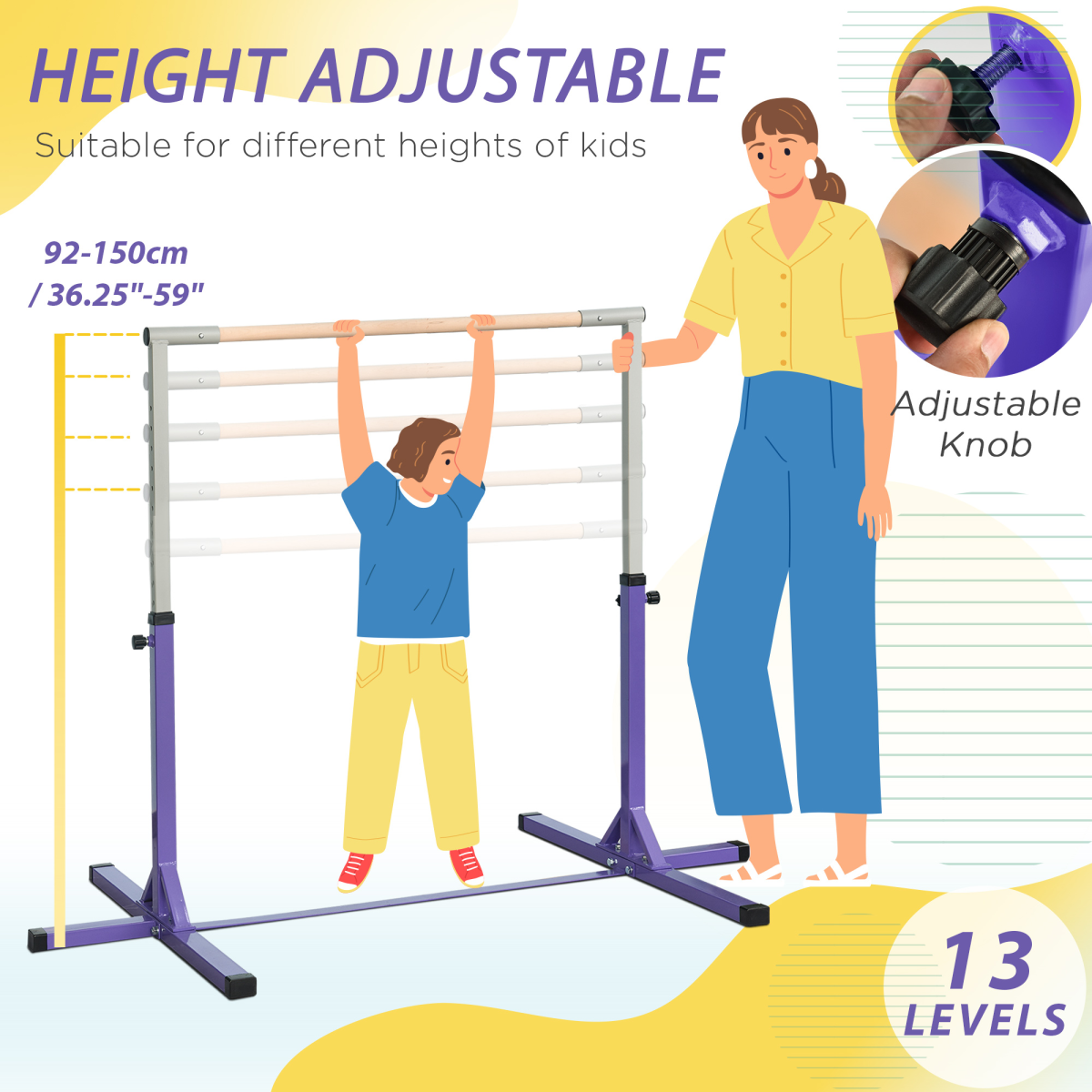 HOMCOM Adjustable Kids Gymnastics Horizontal Bar, 92-150cm – Steel Frame Home Gym Training Bar