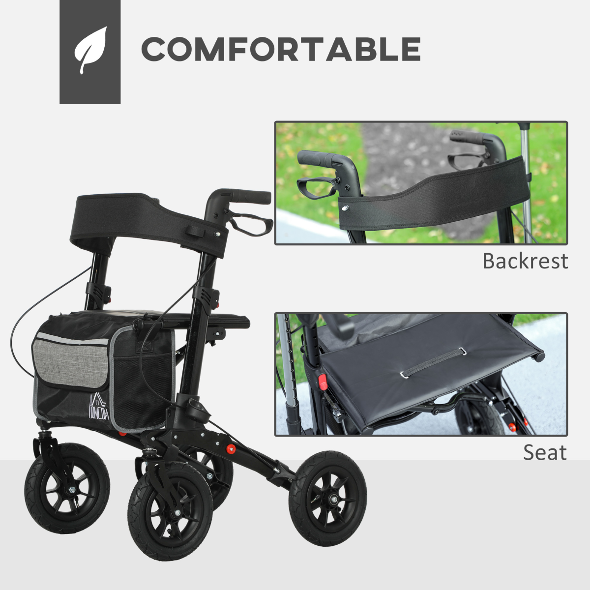 HOMCOM Rollator Walker with Padded Seat, Backrest & All-Terrain Wheels – Folding Mobility Aid with Storage Bag
