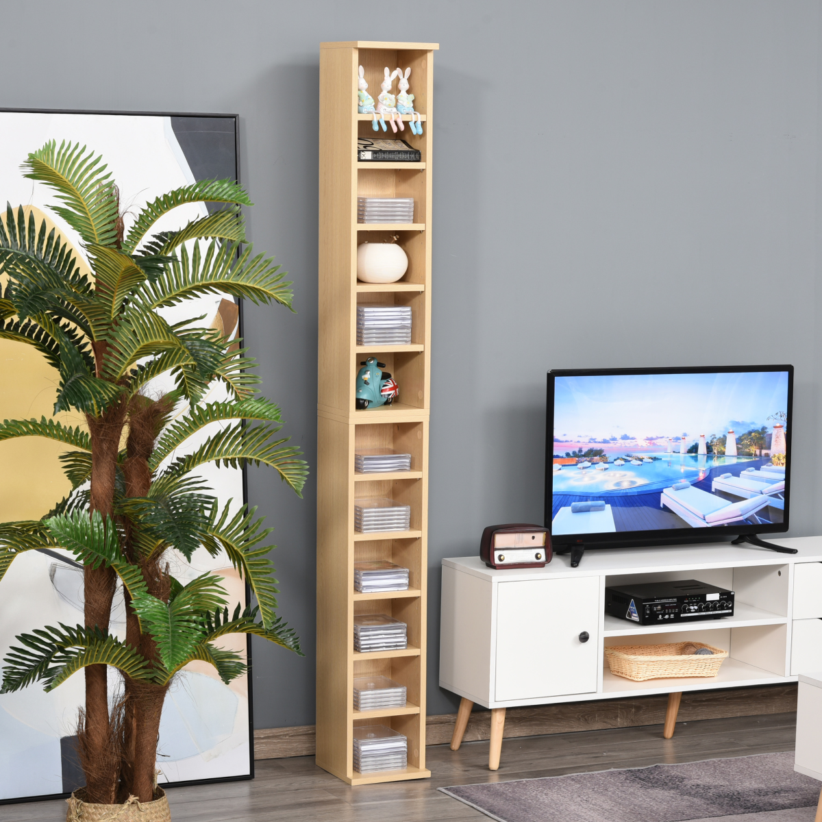 Set of 2 CD & Media Tower Racks with Adjustable Shelves – Slim Storage for CDs, DVDs & Games, Wood Colour