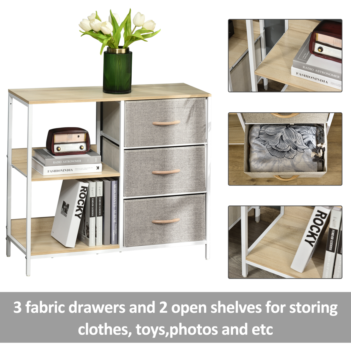 Chest Dresser with 3 Removable Fabric Drawers & Shelves – Metal Frame Storage Cabinet Organiser, Beige