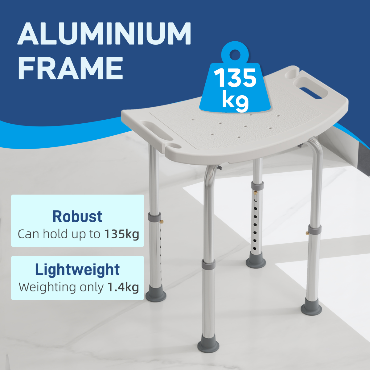 HOMCOM Mobility Shower and Bath Stool with Adjustable Height and Non-Slip Suction Feet – Aluminium Seat