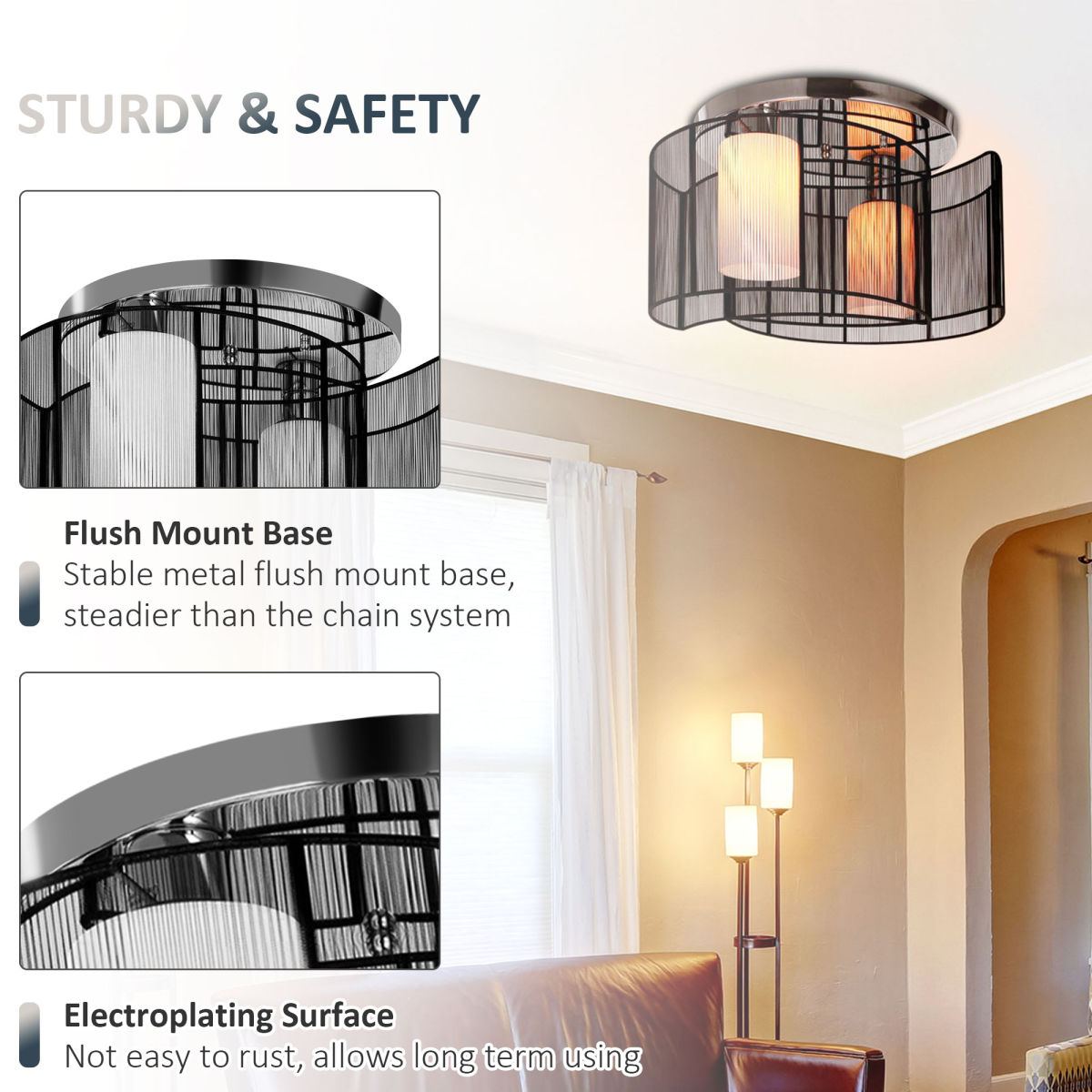 HOMCOM Flush Mount Chandelier with 2 Crescent Wire Shades and Glass Lightshades – Modern Ceiling Light