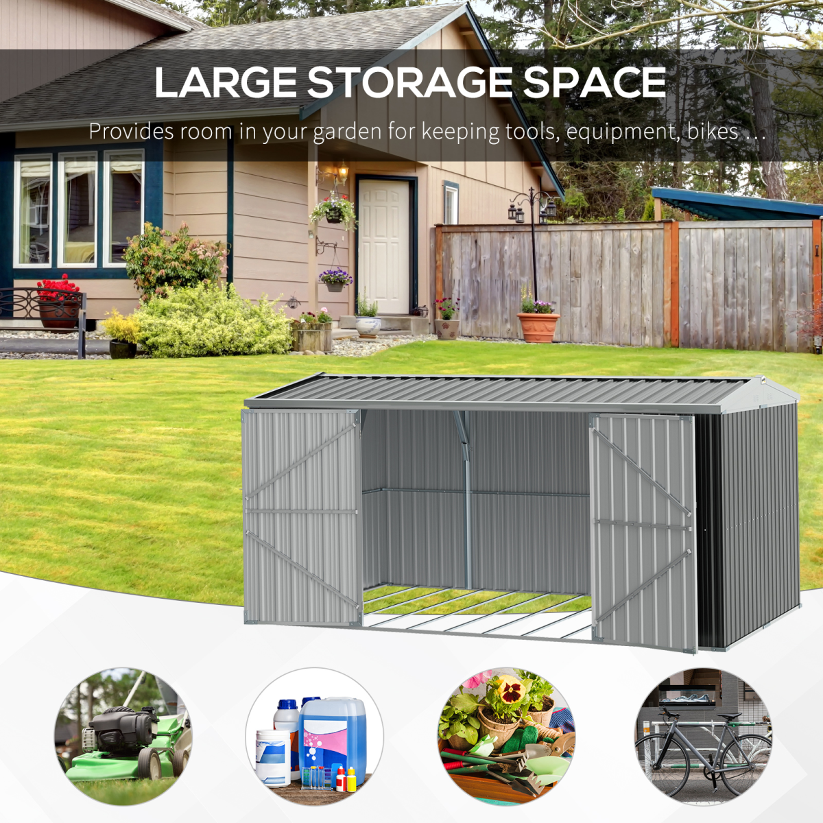 Outsunny 420 x 245 cm Galvanised Steel Garden Shed with Sloped Roof and Double Doors – Tool Storage, Grey