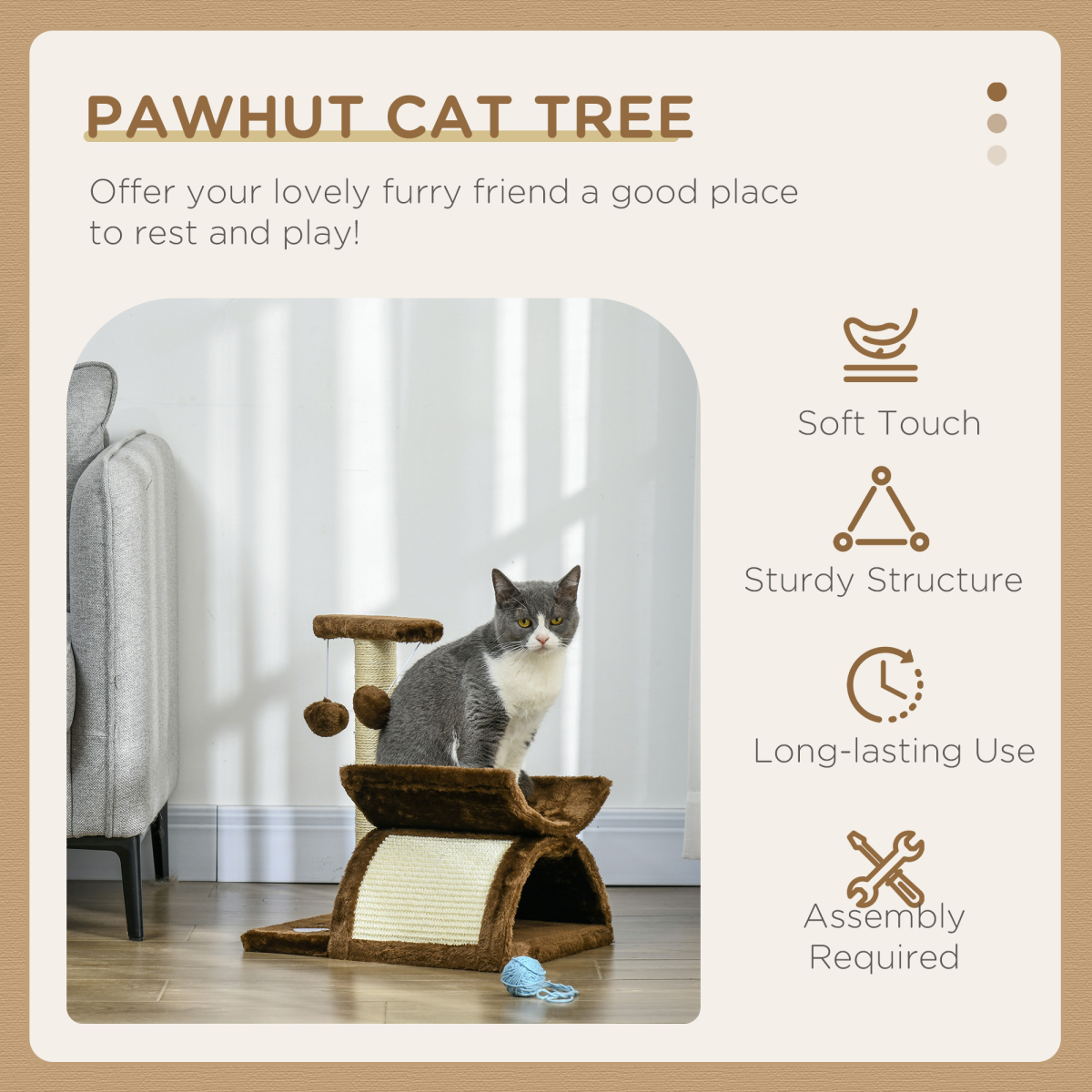 PAWHUT Cat Tree with Sisal Scratching Bridge, Tunnel and Dangling Balls – Plush Kitty Activity Centre for Indoor Cats
