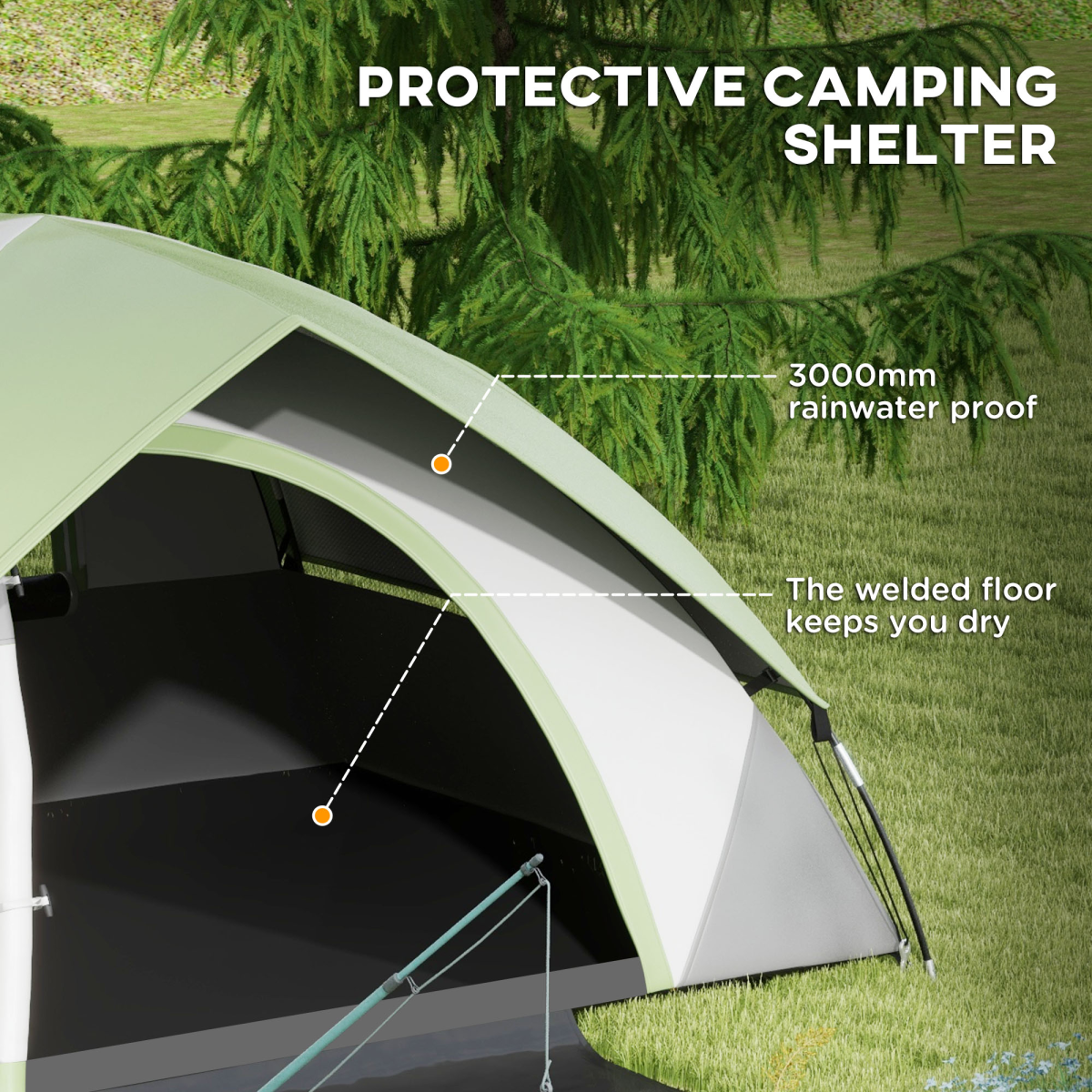 Outsunny 2 Man Camping Tent with Sewn-in Groundsheet, 3000mm Waterproof – One Room Tent with Carry Bag, Green