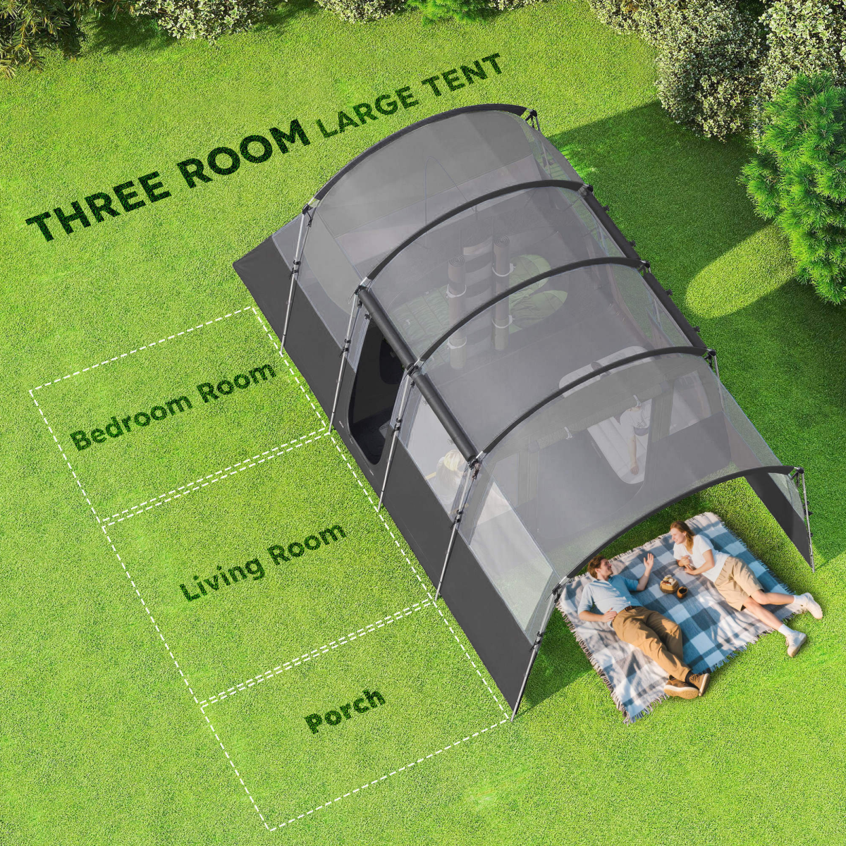 Outsunny 8-Person Tunnel Tent with 4 Large Windows & Removable Inner Walls – Family Camping Tent, Dark Grey