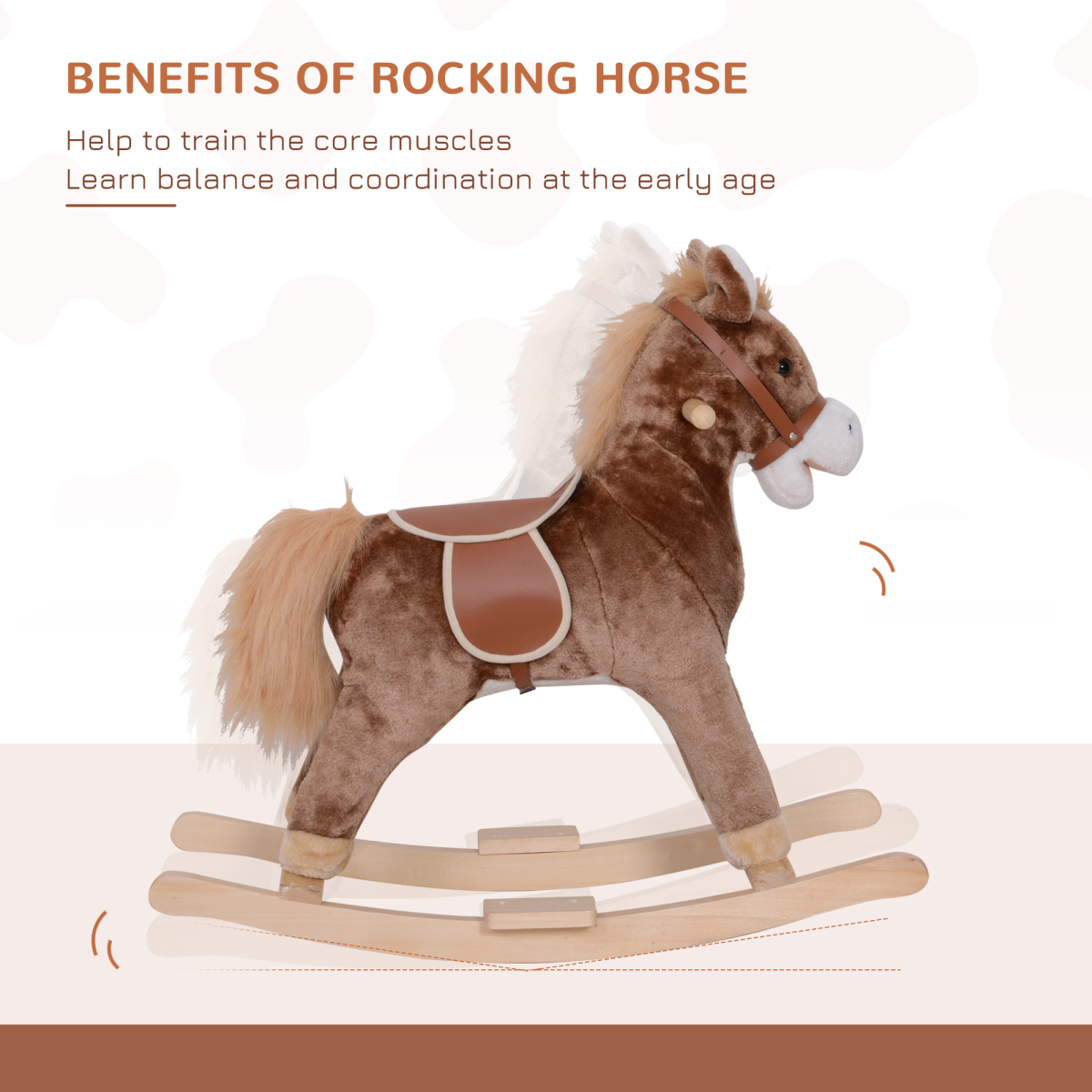 Kids Plush Rocking Horse with Padded Seat, Handles and Solid Wooden Base – Brown and White, 3 Years+