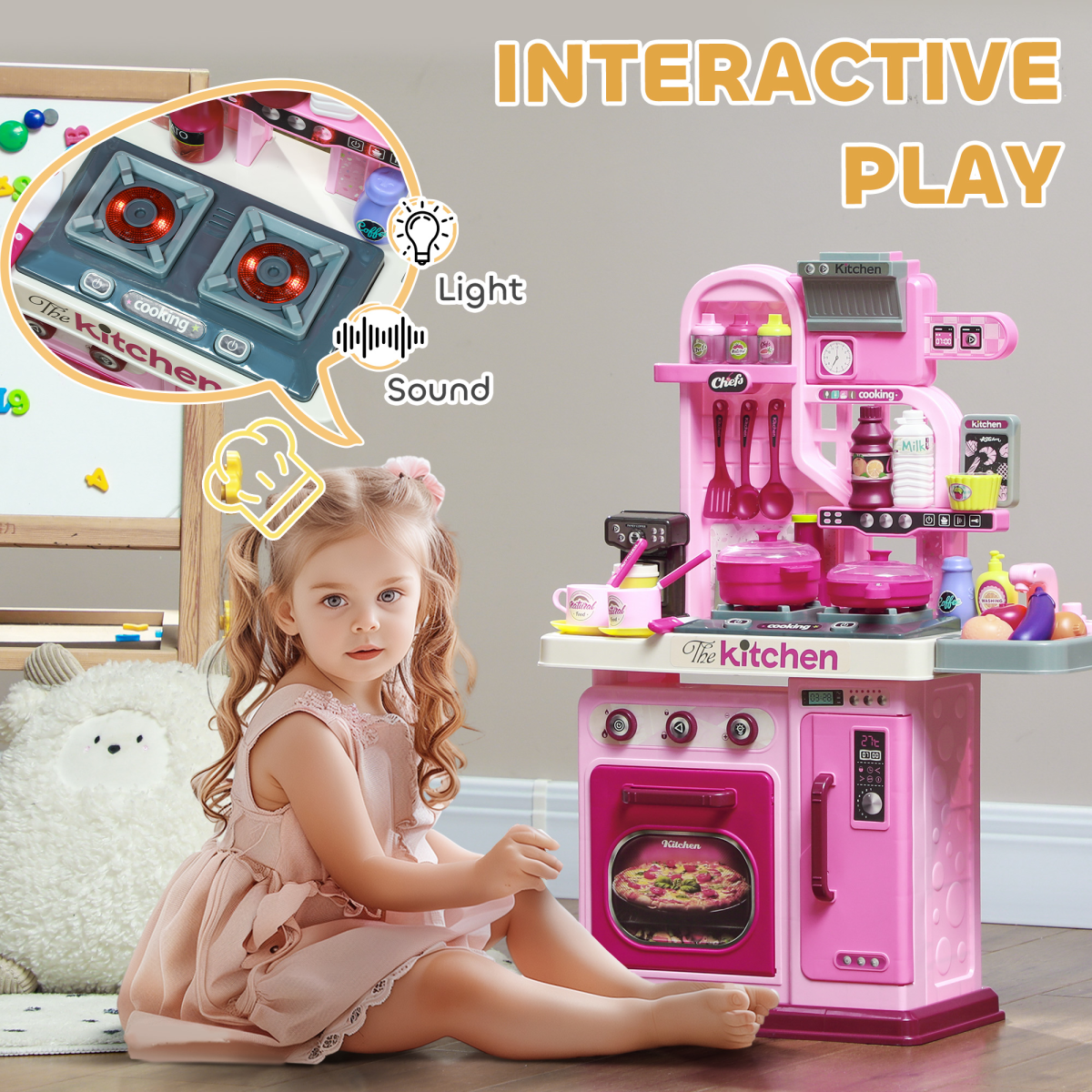 AIYAPLAY Kids Play Kitchen with 33 Accessories, Lights, Sounds and Storage – Pretend Cooking Toy, Pink