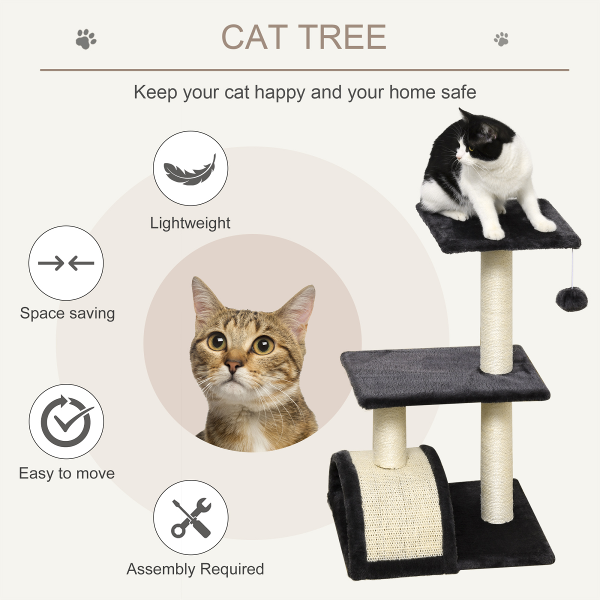 Pawhut Three-Tier Cat Tree with Sisal Scratching Posts and Hanging Ball – Plush Indoor Activity Centre, Grey