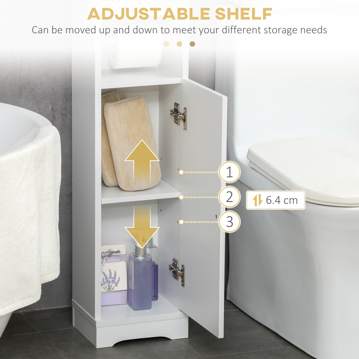 kleankin Freestanding Bathroom Storage Unit with Adjustable Shelf and Toilet Roll Holder – Slim, White