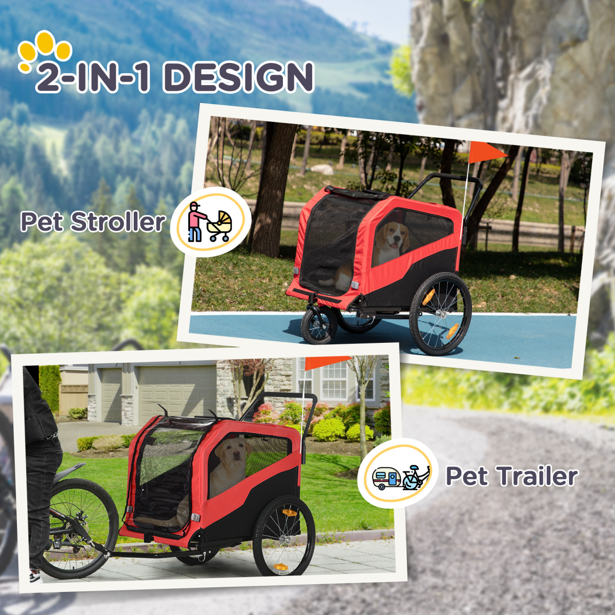 PawHut 2-in-1 Dog Bike Trailer & Pet Stroller for Large Dogs with Hitch, Mesh Windows & Sunroof – Red