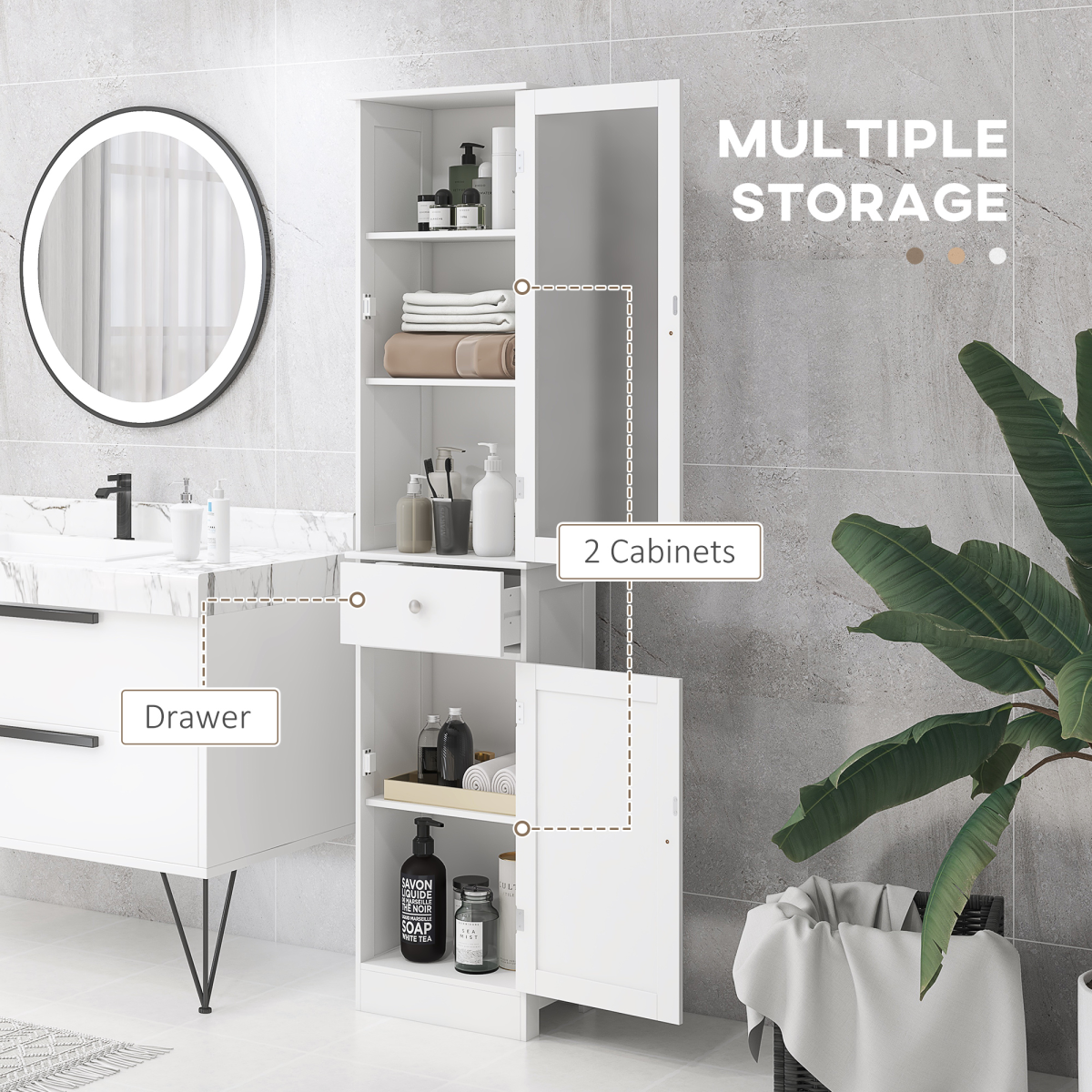 kleankin Tall Bathroom Storage Cabinet with 3 Open Shelves and Acrylic Door – Narrow Anti-Toppling Unit, White