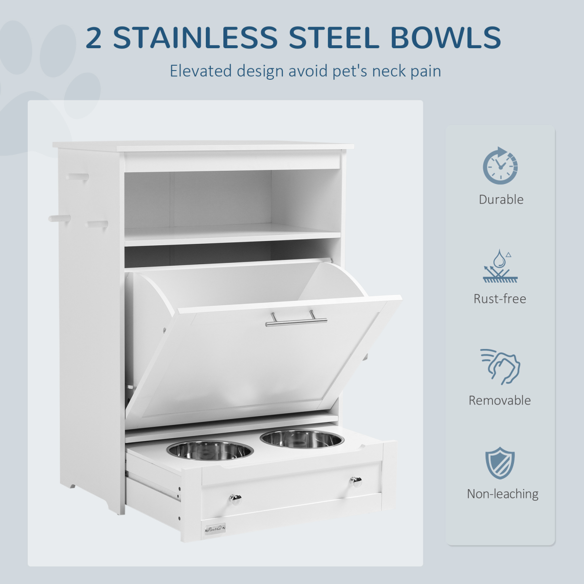 PawHut Pet Feeder Station with Two Removable Bowls & Storage Cabinet – Dog and Cat Feeding Table, White