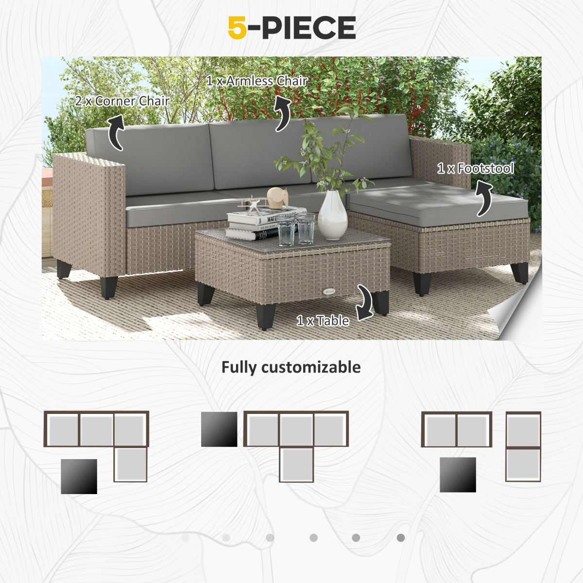 Outsunny 5-Piece Rattan Garden Furniture Set with Glass Coffee Table and Cushions – Patio Seating, Brown/Grey