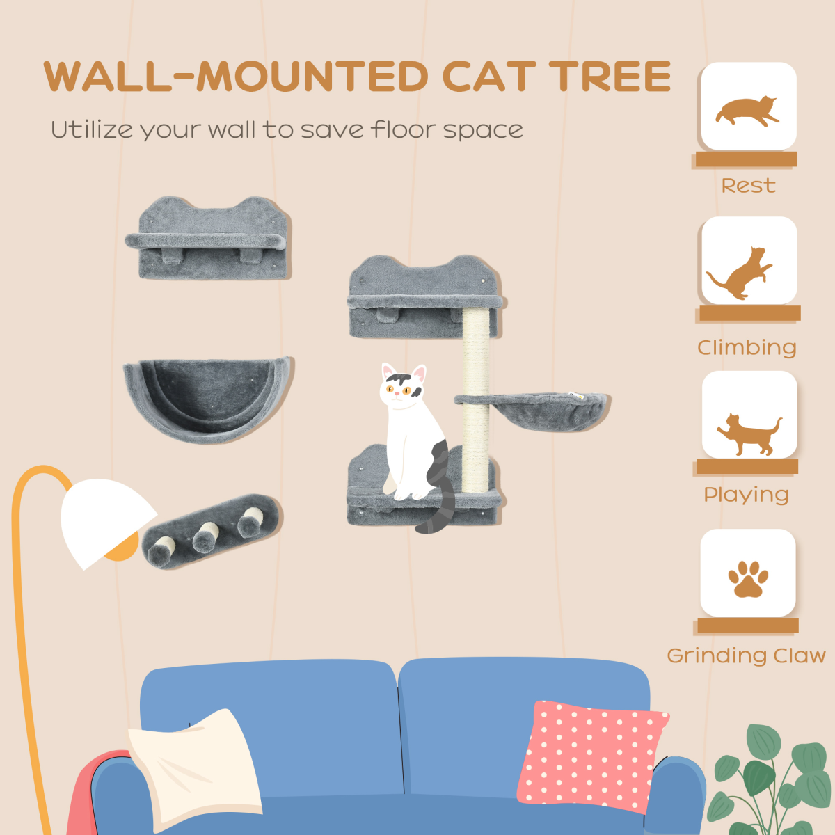 PawHut 4-Piece Wall Mounted Cat Shelves with Hammock, Nest & Sisal Scratching Posts – Cat Climbing Wall
