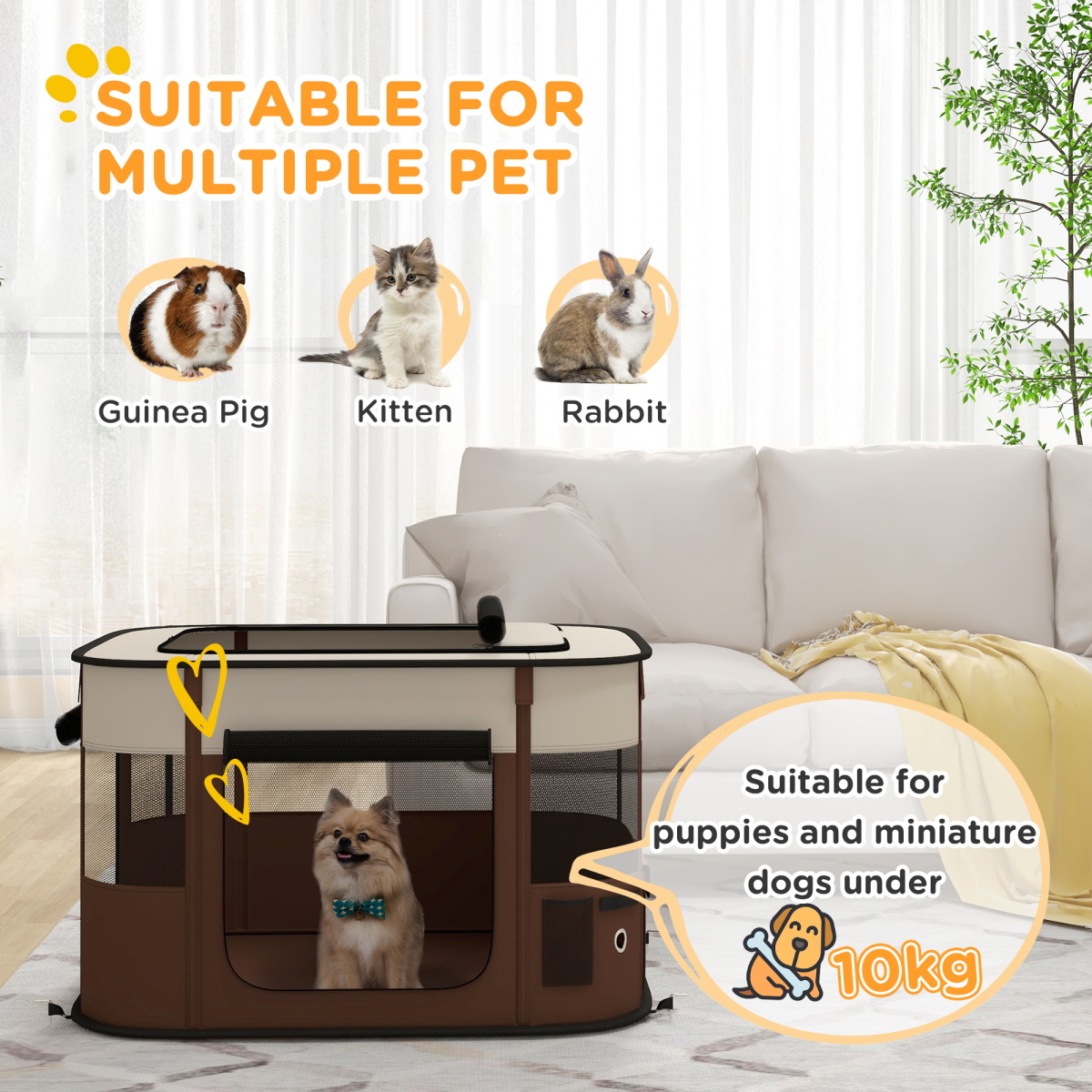 PawHut Portable Foldable Pet Playpen with Mesh Windows & Storage Bag – Dog, Rabbit & Kitten Run, Brown, 84cm